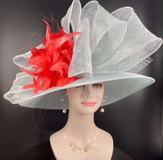 Powder Blue Sinamay Derby Hat: Coral Feather Flower Wide  display picture 1