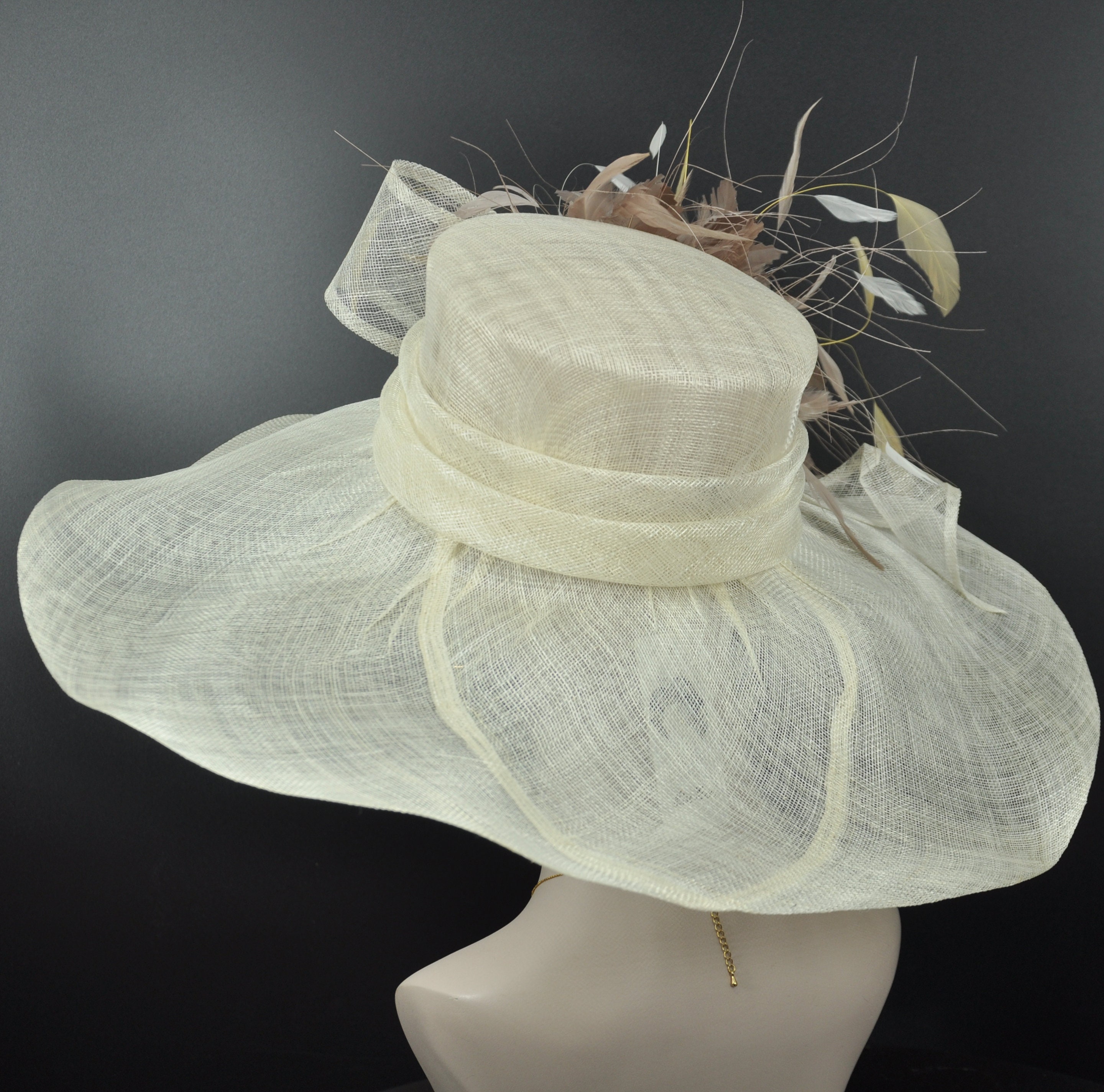 Vintage Breton Sonni Deep Brim Straw Ivory & Taupe Derby Hat With Box Natural Beige Straw Kentucky Derby Hat, Straw Royal Ascot  main image 3