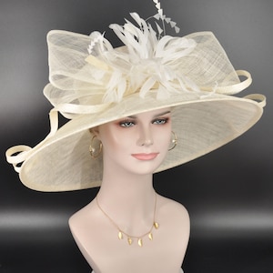 Church Kentucky Derby Hat Carriage Tea Party Wedding  With Jumbo Feather Flower and Bows Off White / Ivory