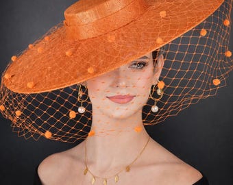 Orange Wide Brim Fascinator Hat with Veil 18 Inch Sinamay Ascot Hat for Wedding Race Day Mother of the Bride