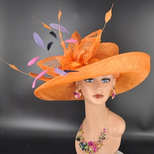 Church, Kentucky Derby Hat ,Carriage, Tea Party, Wedding, Wide Brim Sinamay Hat, Royal Ascot Hat, Horse Race Hat, Oaks day hat Orange