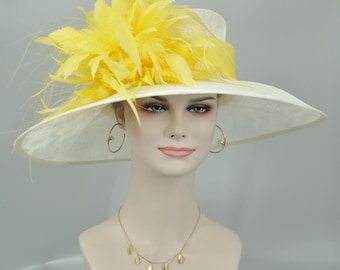 Church Kentucky Derby Hat Carriage Tea Party Wedding Wide Brim  Royal Ascot Horse Race Oaks day hatWhite with Yellow