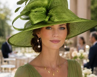 Olive Green Three Layer Wide Brim Sinamay Hat Kentucky Derby Hat Wedding Church Tea Party Garden Party Ascort Royal Party Hat