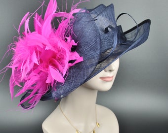 Navy Blue  w Hot Pink Kentucky Derby Hat, Church Hat, Wedding Hat, Easter Hat, Tea Party Hat