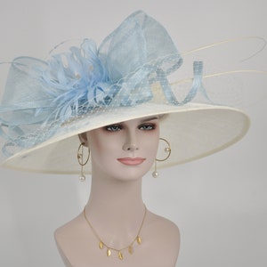 Wide Brim Sinamay Hat Church Kentucky Derby Hat Carriage Party Wedding Hat Royal Ascot Horse Race Oaks day hatOff White/Ivory w Powder Blue