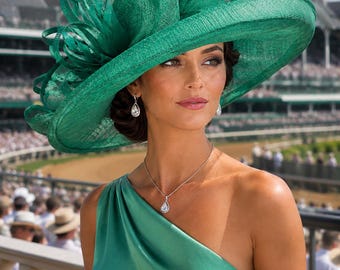 Emerald Green Wide Brim Sinamay Hat for Kentucky Derby, Ascot Racing Hat, Elegant Wedding Guest Hat, Mother of the Bride Hat