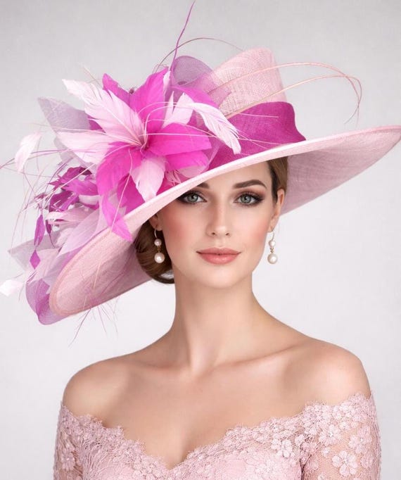 Baby Pink Fuchsia Pink Flower Wide Brim Kentucky Derby Hat 