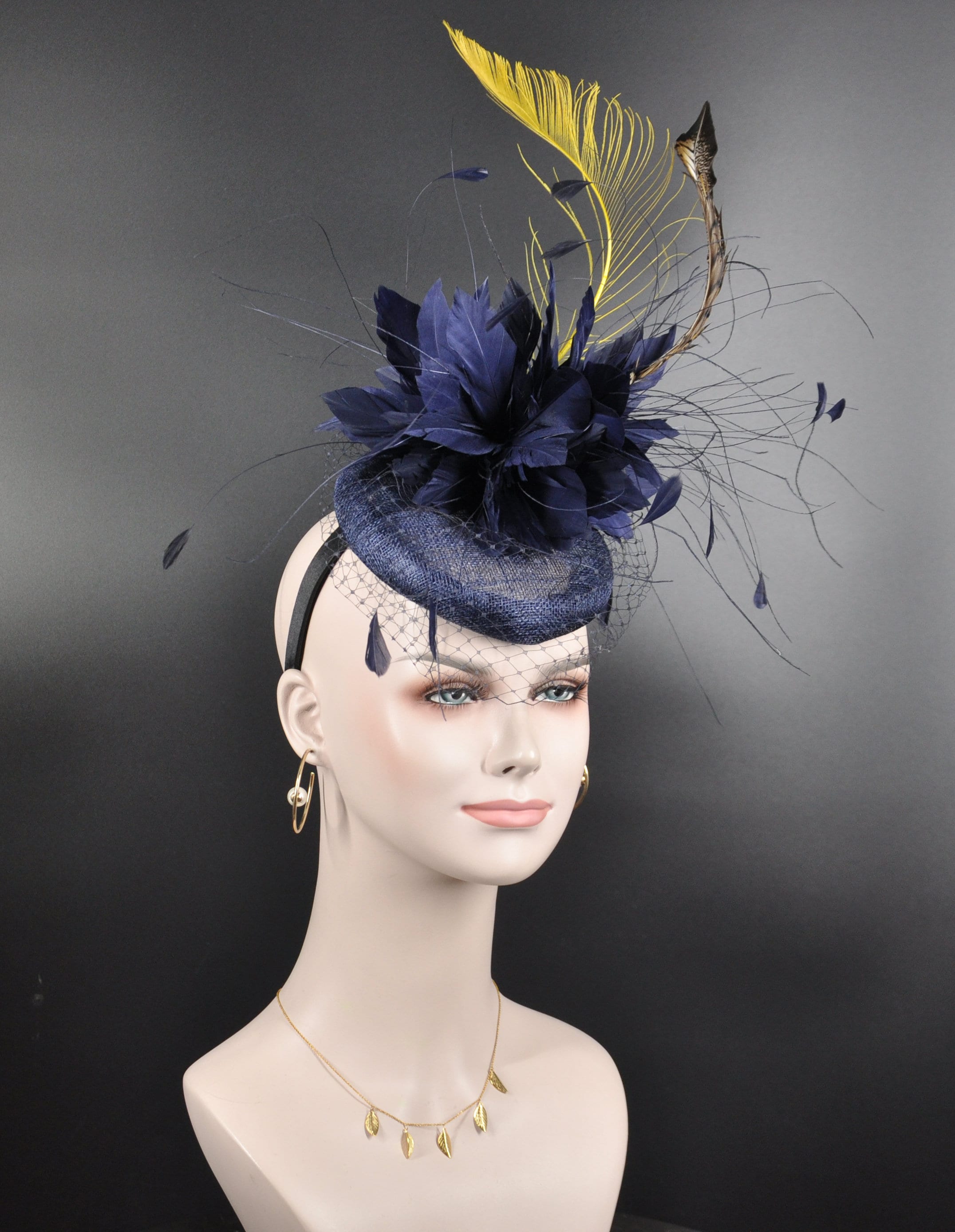 Sinamay Disc Fascinator Hat With Navy Blue Jumbo Feather  display picture 2