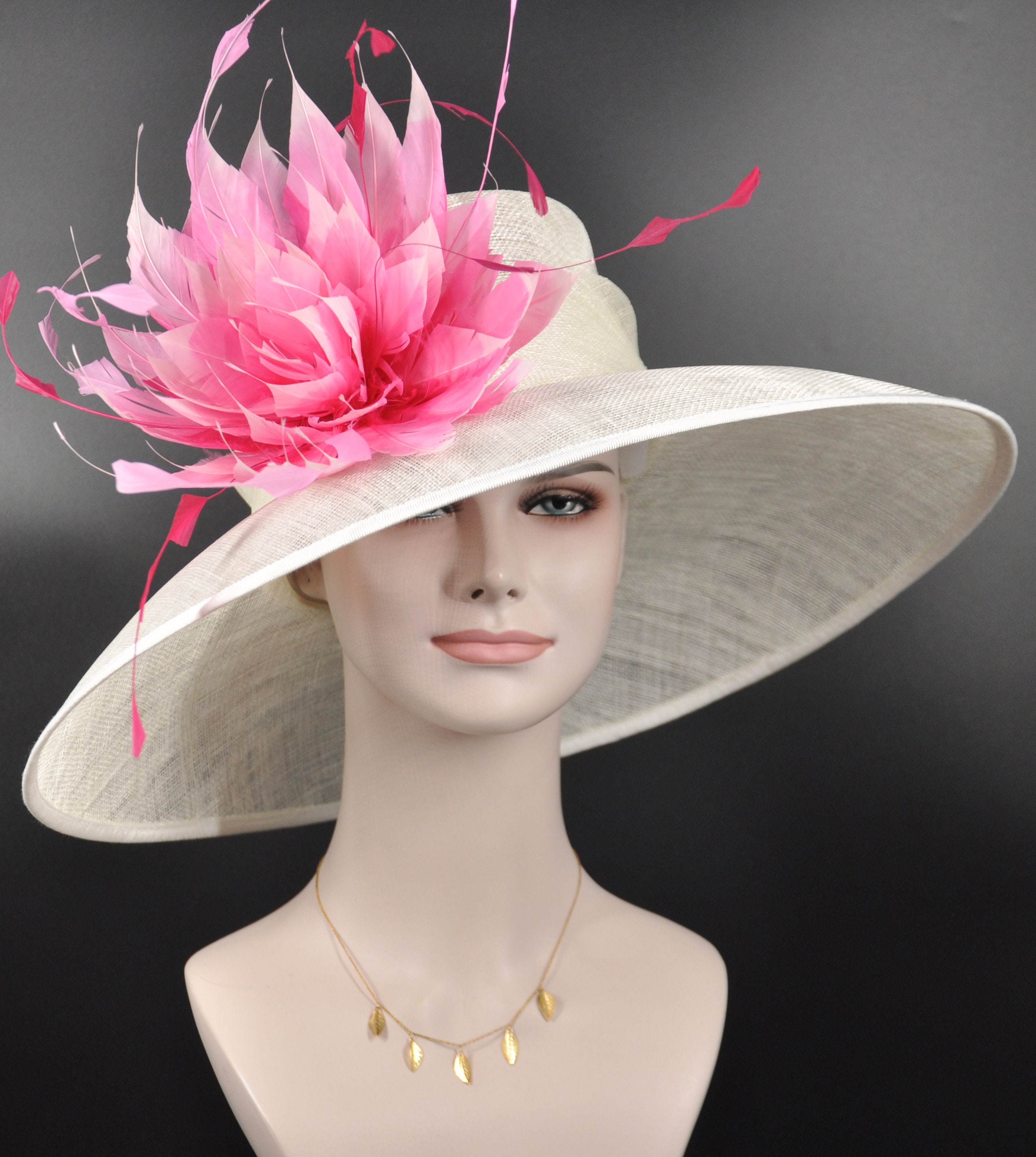 Sinamay Derby Hat: Ivory Wide Brim With Fuchsia Feather  display picture 2