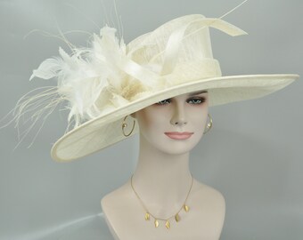 Off White / Ivory Wide Brim Sinamay Hat  Feather Flower and  Feathers  Kentucky Derby,Tea Party Carriage Party  Royal Ascot Oaks day hat