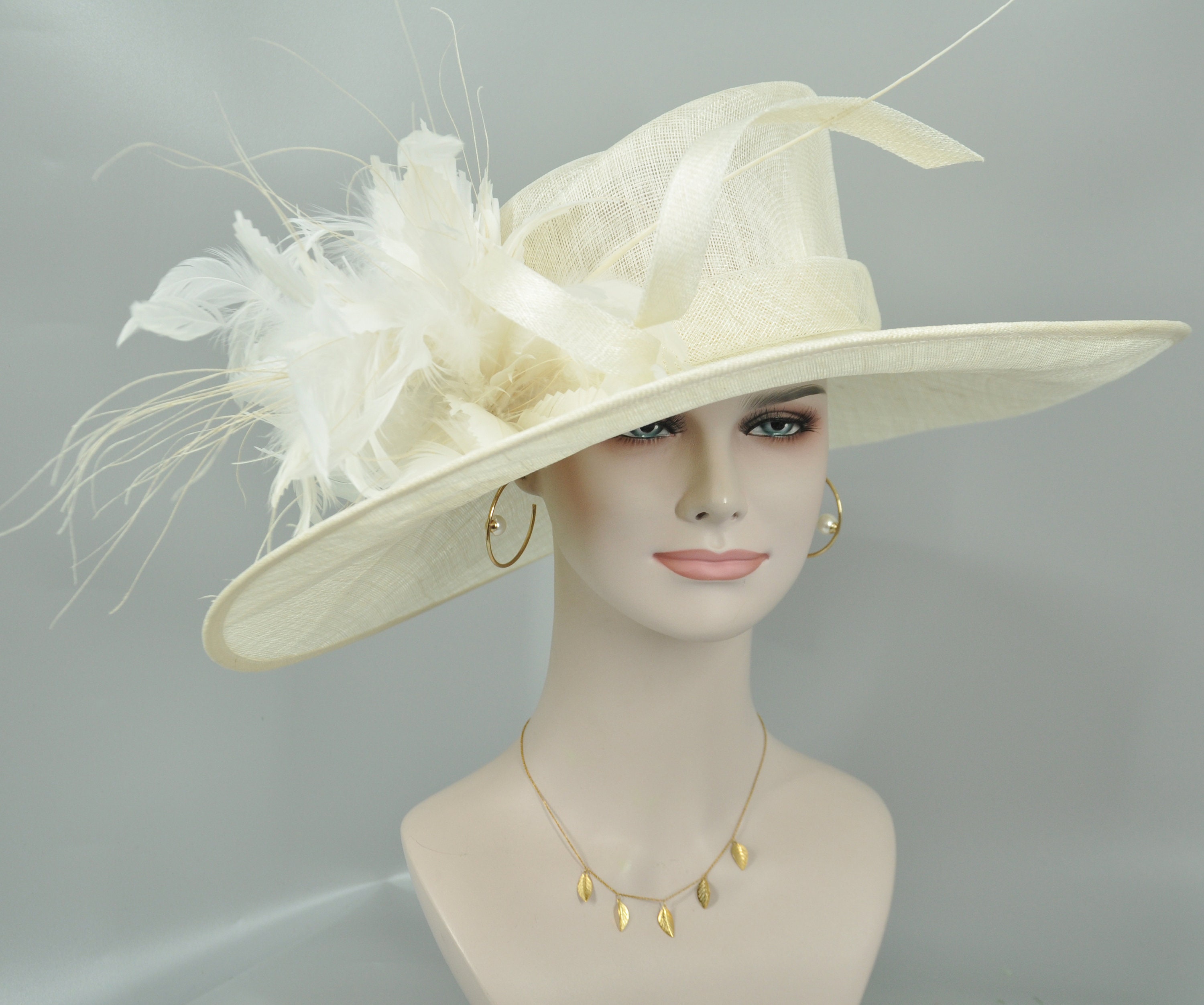 Off White / Ivory Wide Brim Sinamay Hat Feather Flower and