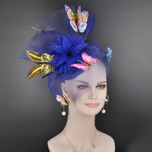 Kentucky Derby Wedding Feather w Butterflies  Floral Organza w Sinamay Headband Fascinator Hat Cocktail Royal Blue