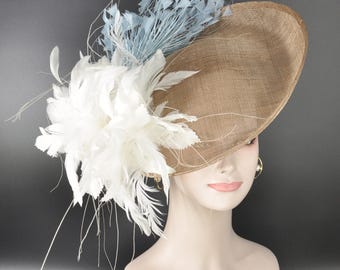 Powder Blue Fascinator Hat Headband with Ivory Feather Flower, Kentucky Derby Hat, Tea Party Wedding Royal Ascot Headpiece