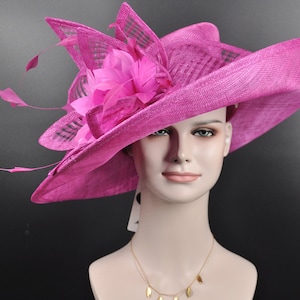 Church, Kentucky Derby Hat ,Carriage, Tea Party, Wedding, Wide Brim Sinamay Hat, Royal Ascot Hat, Horse Race Hat, Oaks day hat Hot Pink