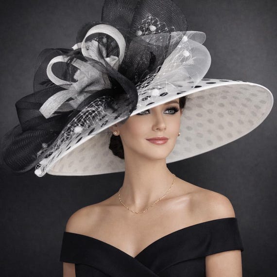 White Black Polka Dot Wide Brim Kentucky Derby Hat, Ascot  display picture 1