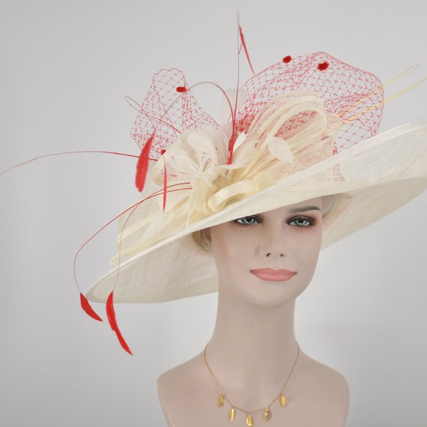 Church Kentucky Derby HatCarriage Tea Party Wedding Wide Brim  Royal Ascot Horse Race Oaks day hatIvory with Black