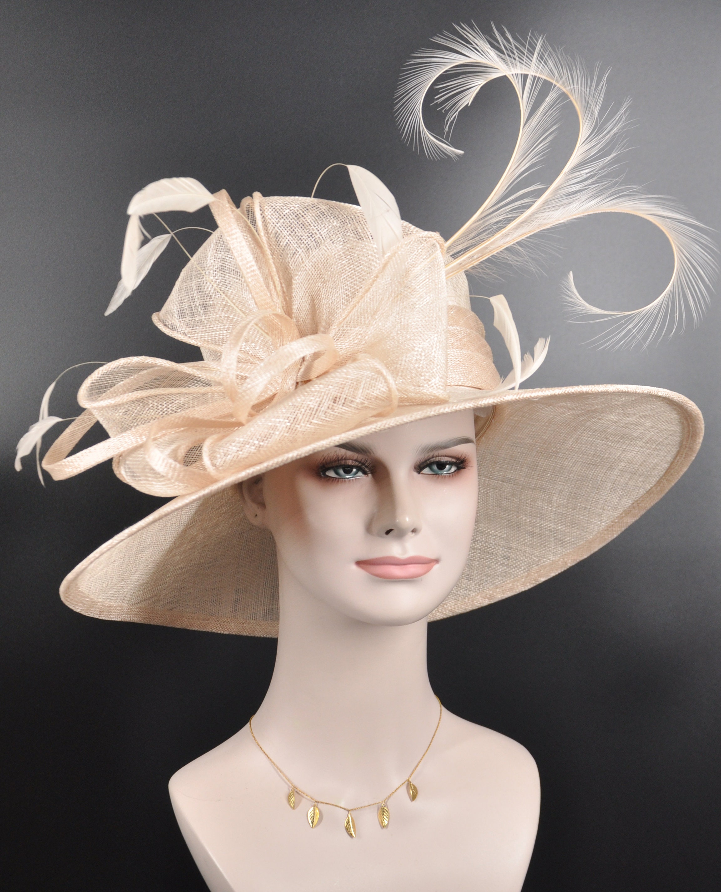 Wide Brim Sinamay Hat Church Kentucky Derby Carriage Tea Wedding Champagne NICE! M839( White )Vintage Kentucky Derby, Church, Wedding, Easter  main image 3