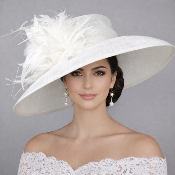 Kentucky Derby Hat Black White Wide Brim White Feather Floral Fascinator Accent Kentucky Derby Hat | Black Fascinator w/ White Feathers  main image 2