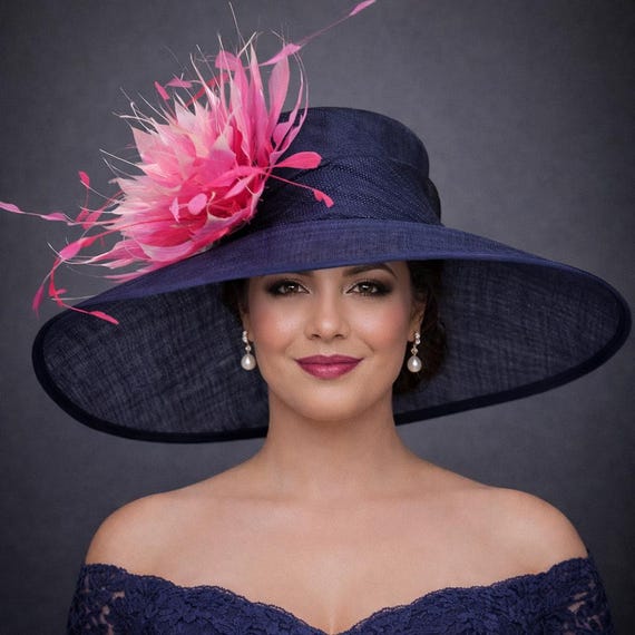 Navy Fuchsia Pink Feather Flower Wide Brim Kentucky Derby  display picture 3