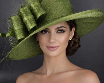 Olive Green Wide Brim Kentucky Derby Hat, Ascot Hat for Wedding & Tea Party, Garden Party Hat, Mother of the Bride, Church