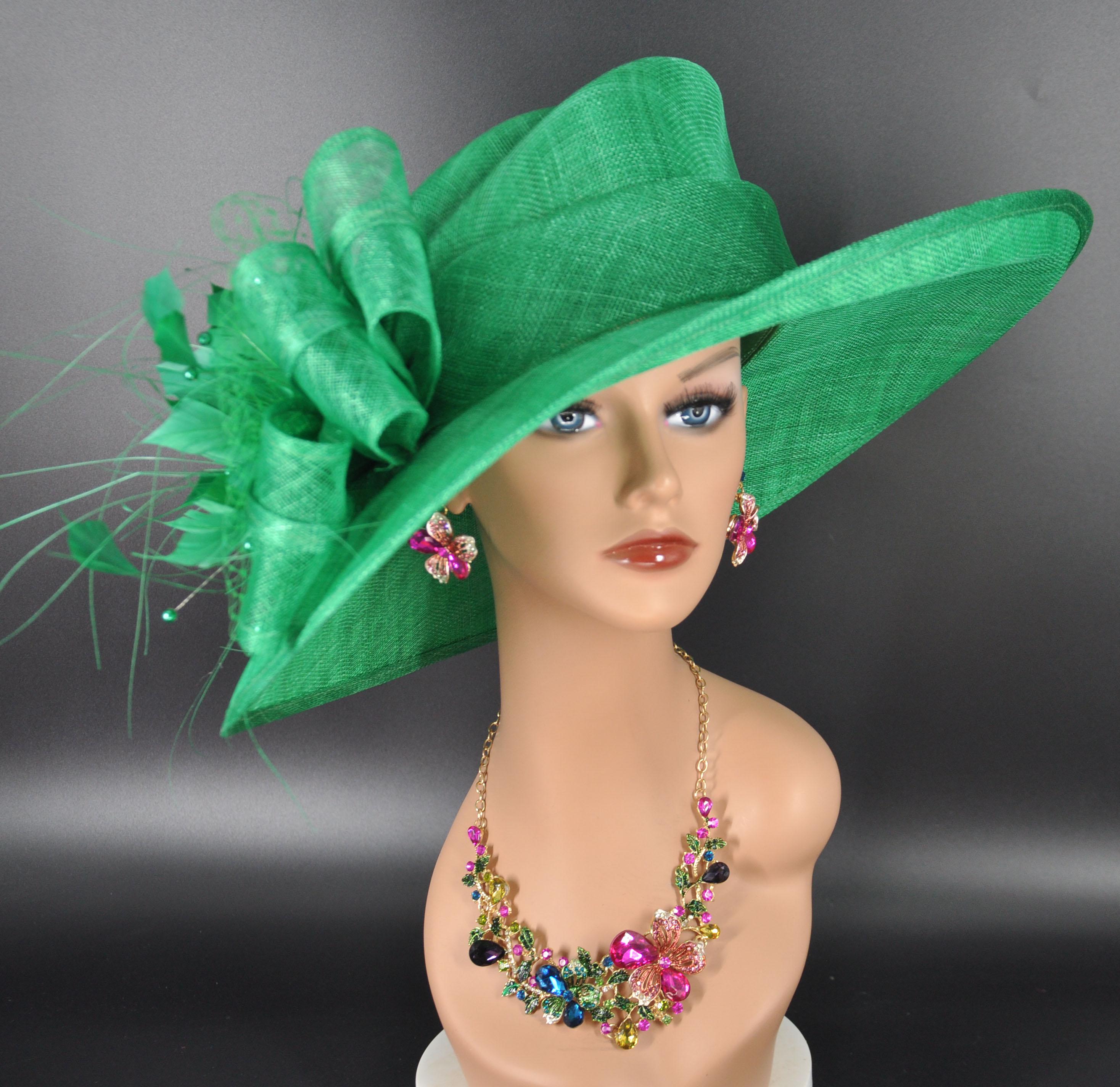 Kelly Green Wide Brim Kentucky Derby Hat, Ascot Hat for 