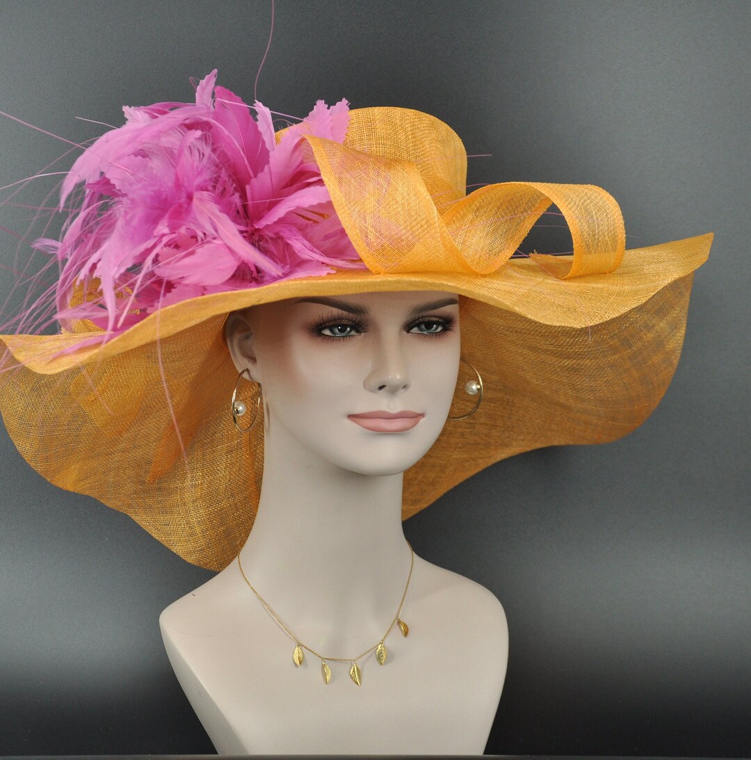 ORANGE STRAW DERBY HAT ? White w Orange Church Kentucky Derby Party Wedding Tea Wide  main image 4