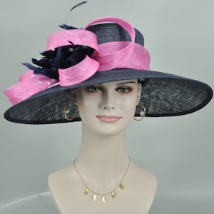 SM21007 Church Kentucky Derby Hat Carriage Tea Party Wedding Wide Brim  Royal Ascot Hat in Solid Sinamay Hat Navy Blue w Hot Pink