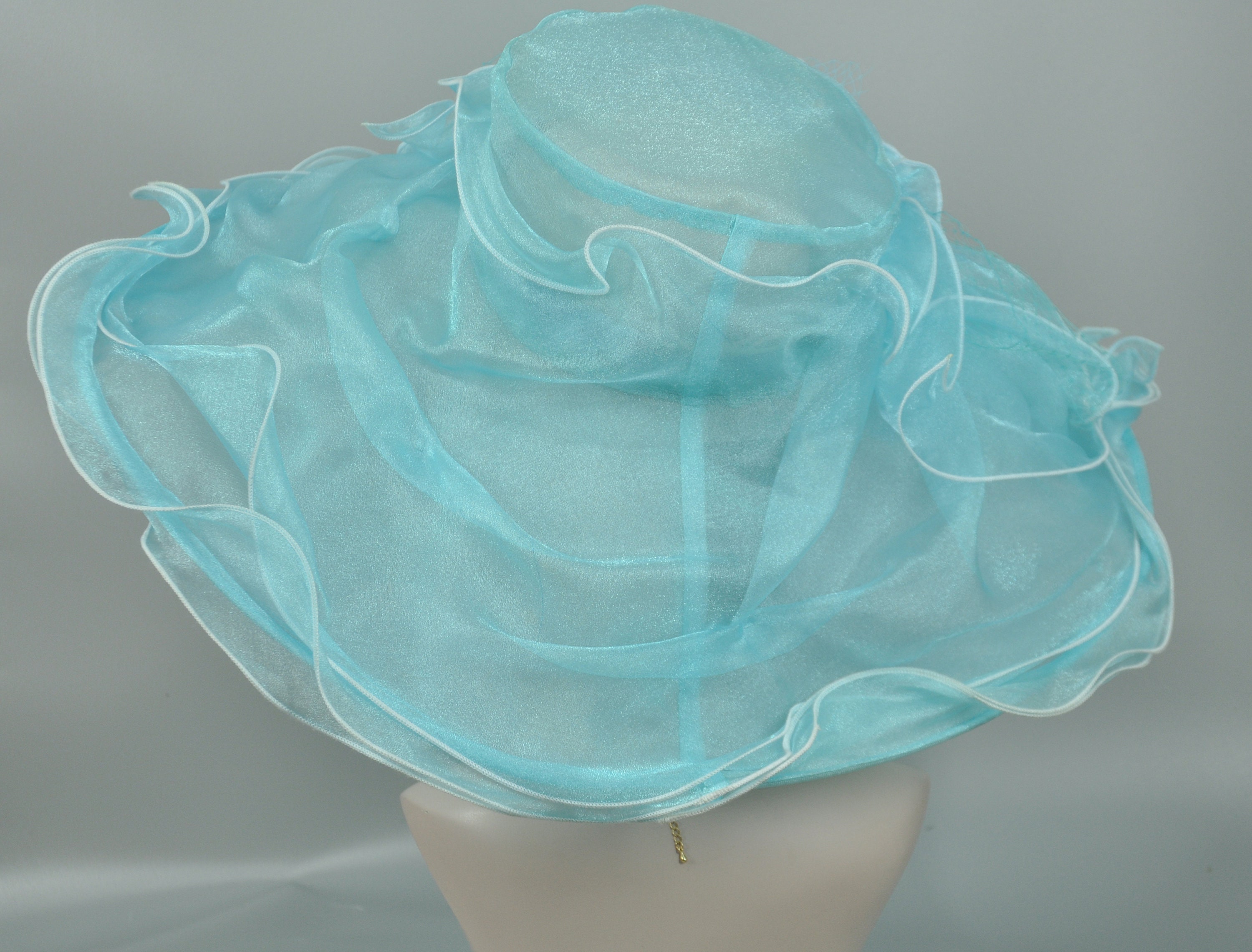 Light Blue Organza Derby Hat, Wide Brim, Bow & Flower - Etsy