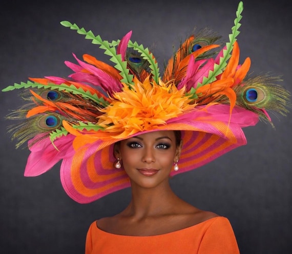 Derby Hat: Hot Pink, Orange, Peacock Feather Sinamay Hat - Etsy display picture 3