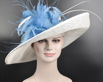 Church Kentucky Derby Hat Carriage Tea Party Wedding Wide Brim  Royal Ascot Horse Race Oaks day hat White W Light Blue