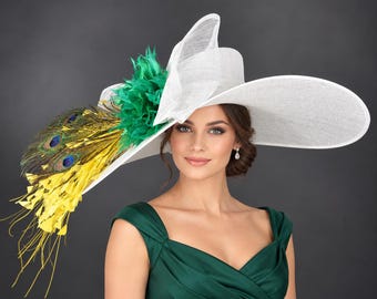 White Kelly Green Yellow Wide Brim Kentucky Derby Hat, Ascot Hat for Wedding & Tea Party, Garden Party Hat, Mother of the Bride, Church