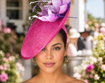 Hot Pink Mix Purple  Feather Flower Fascinator For Kentucky Derby Pary, Oaks Day Pary, Ascot Royal Party, Wedding, Tea Garden Party, Church