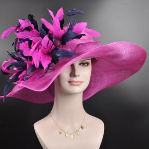 Fuchsia Hot Pink w Navy Blue Feather Flower, Kentucky Derby Hat, Church Hat, Wedding Hat, Easter Hat, Tea Party Hat Wide Brim Sinamay  Hat