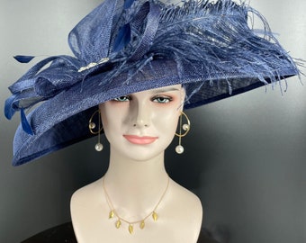 Navy Blue Wide Brim Sinamay Hat Church Kentucky Derby Hat Carriage Tea Party Wedding  Rhinstones w Sinamay Bow Ostrich Feather