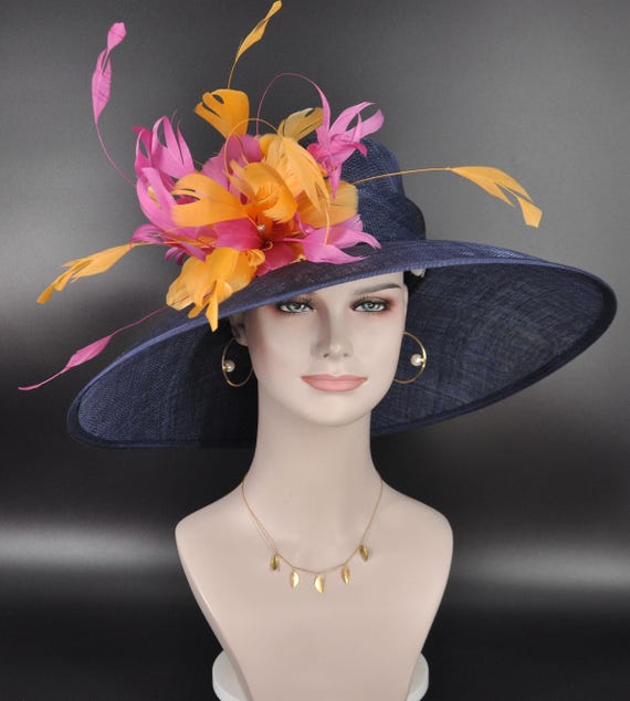 Navy Blue Orange Hot Pink Feather Flower Wide Brim Kentucky  display picture 2