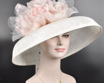 Audrey Hepburn Style Dome Hat Kentucky Derby Hat Tea Party Carriage Wide Brim Sinamay Hat White w Blush Pink Silk Flower