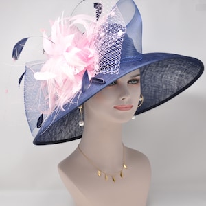 Kentucky Derby Hat, Church hat, Tea Party Hat, Custom hat, Formal Hat, Fashion Hat Navy Blue with Pink