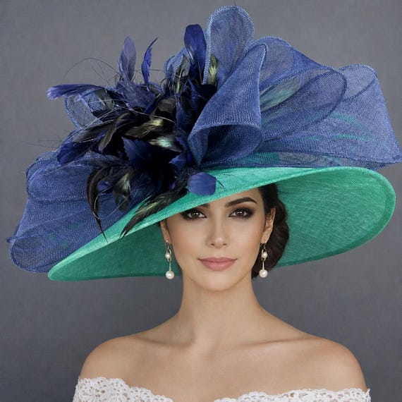 Kentucky Derby Hat Wide Brim Sinamay, Statement Bow Feather 