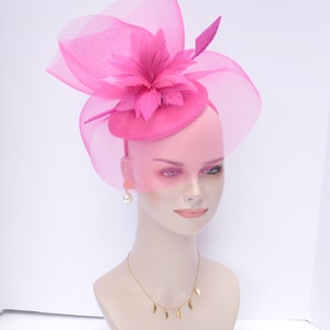 Kentucky Derby Wedding Feather Floral Organza w Sinamay Headband Fascinator Hat Cocktail Hot Pink/Fuschia