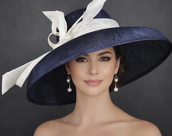 Navy Blue White Wide Brim Kentucky Derby Hat,ascot Hat for  display picture 3