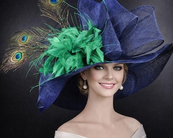 Navy Blue Green Wide Brim Sinamay Hat for Kentucky Derby,Ascot Royal, Tea Garden Party,Easter Day,Mother of The Bride Elegant Occasion Hat