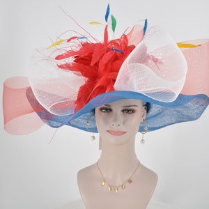 Blue w White Red  Jumbo Bow and Feather Flowers Kentucky Derby Hat,  Tea Party Hat Wide Brim  Sinamay  Hat