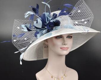 Church Kentucky Derby Hat  Carriage Tea Party Wedding Wide Brim  Royal Ascot Hat in Solid Sinamay Hat White w Navy Blue Powder Blue