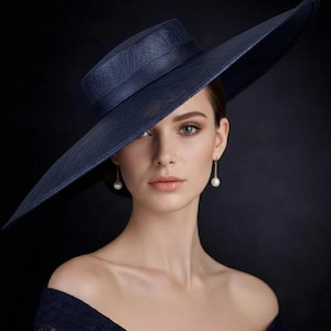 Wide Brim Fascinator Hat For Kentucky Derby , Ascot Hat for Wedding & Tea Party, Garden Party Hat, Mother of the Bride, Church Navy Blue