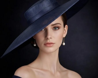 Wide Brim Fascinator Hat For Kentucky Derby , Ascot Hat for Wedding & Tea Party, Garden Party Hat, Mother of the Bride, Church Navy Blue