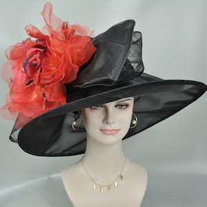Black + Red Kentucky Derby Hat, Church hat, Tea Party Hat, Custom hat, Formal Hat, Fashion HatWide Brim Sinamay w Organza Hat