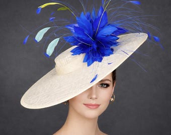 Ivory/Off White Royal Blue Turquoise Wide Brim  Fascinator Hat Ascot Royal Hat Wedding Race Day Kentucky Derby Party Hat Mother of the Bride