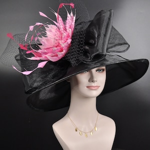 Black + Mix Pink Feather Flower Kentucky Derby Hat, Church hat, Tea Party Hat, Custom hat, Formal Hat, Wide Brim Sinamay w Organza Hat
