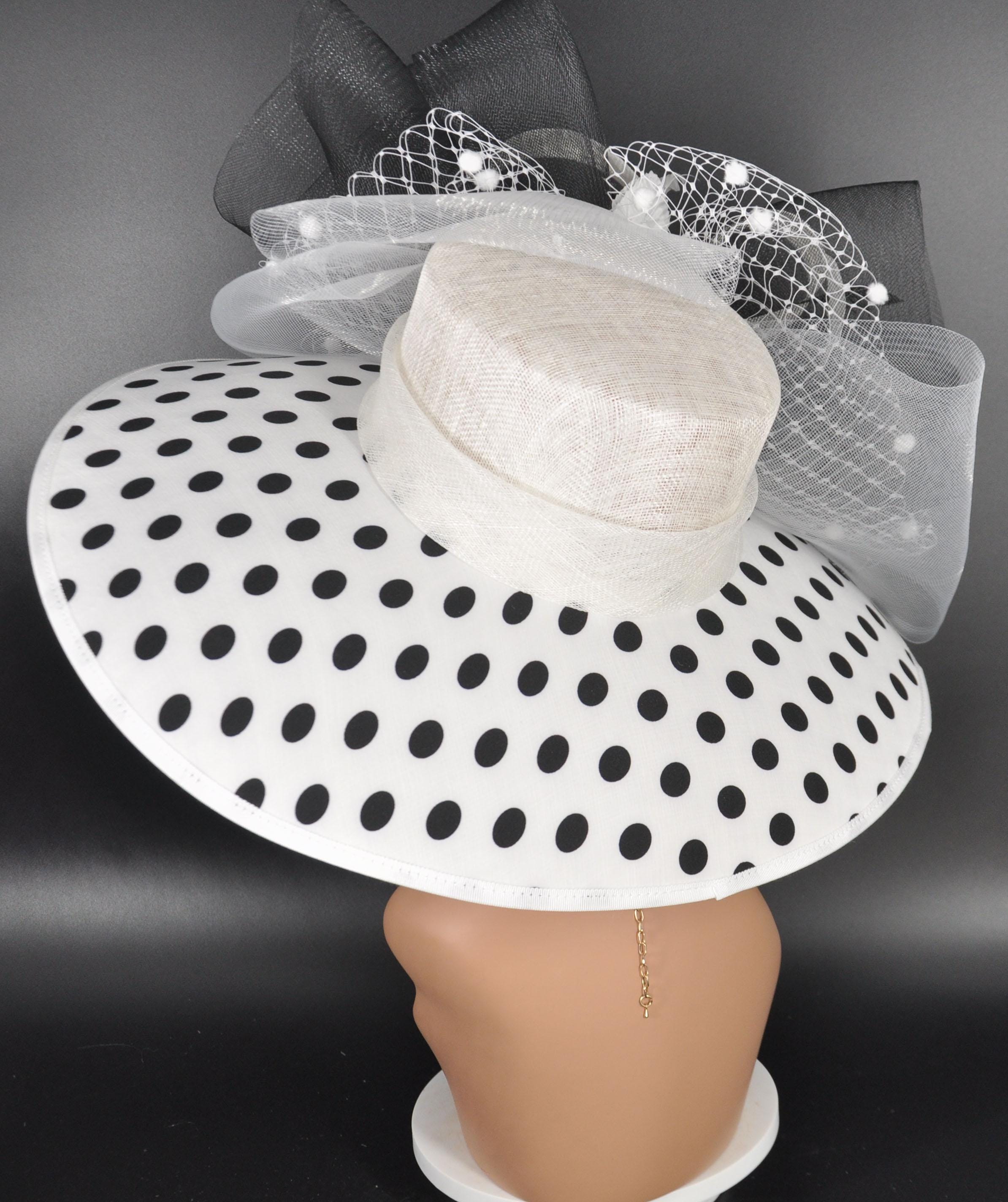 White Black Polka Dot Wide Brim Kentucky Derby Hat, Ascot 