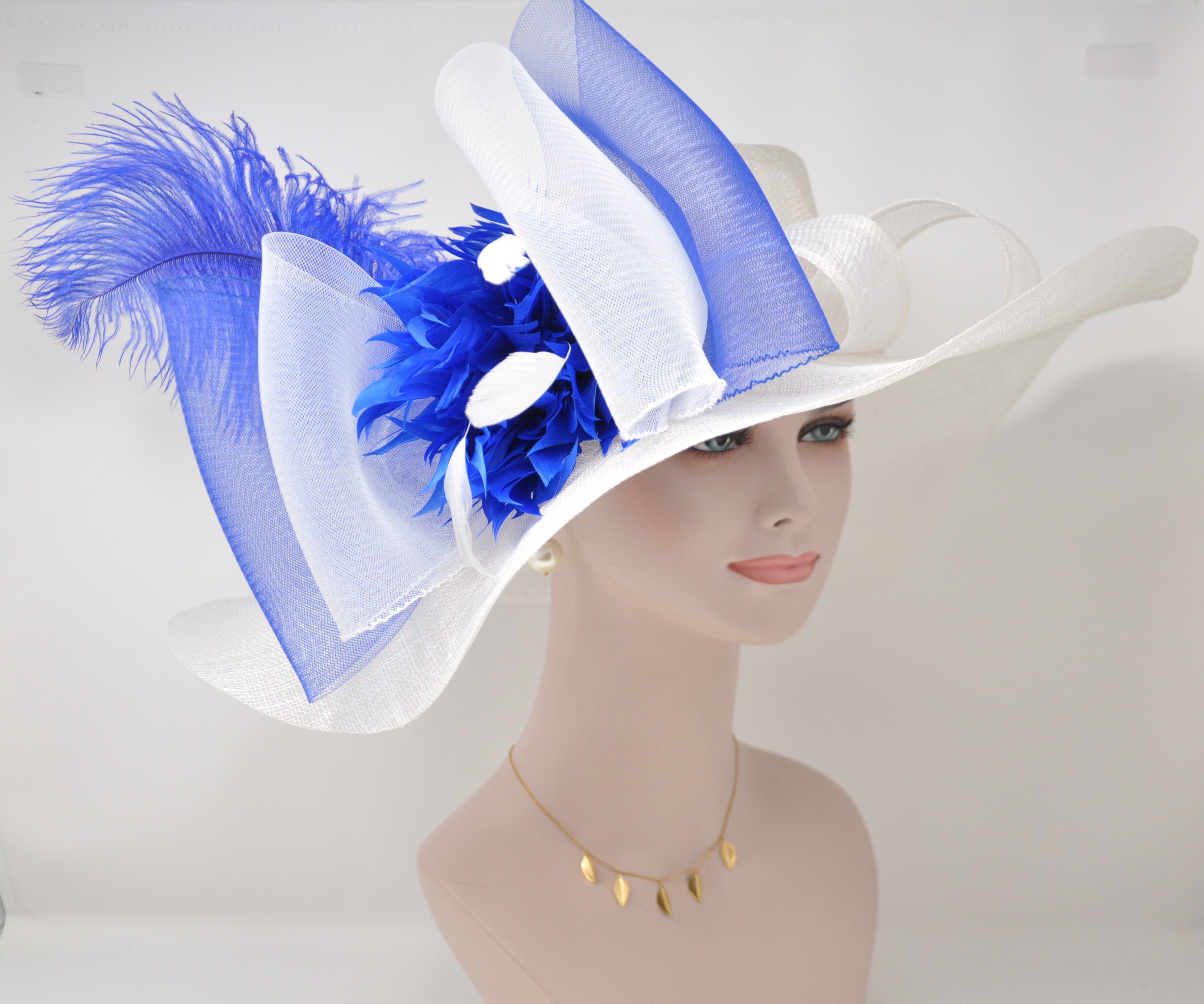 White Royal Blue Feather Flower Wide Brim Kentucky Derby Hat  display picture 1